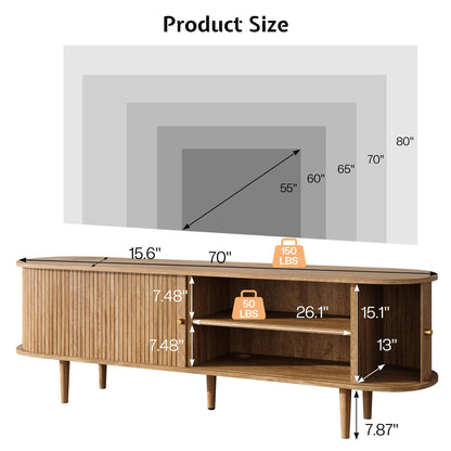 LUXOAK 70" Mid Century Modern TV Stand with Tambour Door, TV Console with Solid Wood Legs for TVs up to 80", Fluted Entertainment Center with Storage for Living Room, Natural Oak