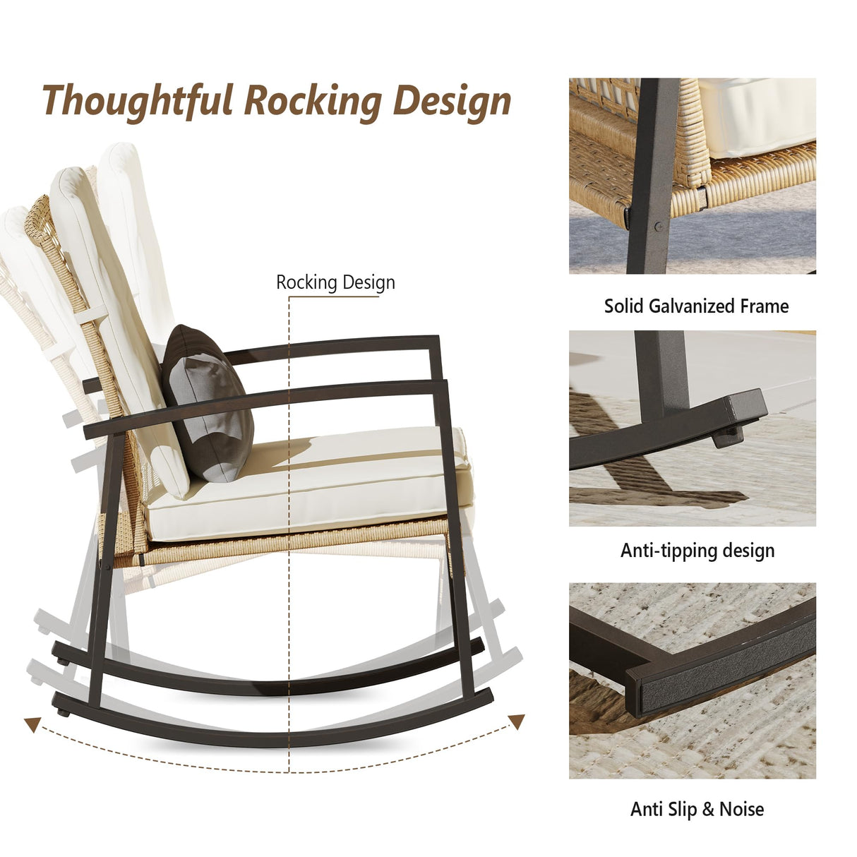 Rotihom 3 Piece Patio Rocking Chairs Set of 2, Outdoor Rocking Chair Bistro Set with Tempered Glass Coffee Table and Thick Lumbar Pillow Set, Front Porch Chairs for Garden, Backyard, Poolside (Beige) Rotihom