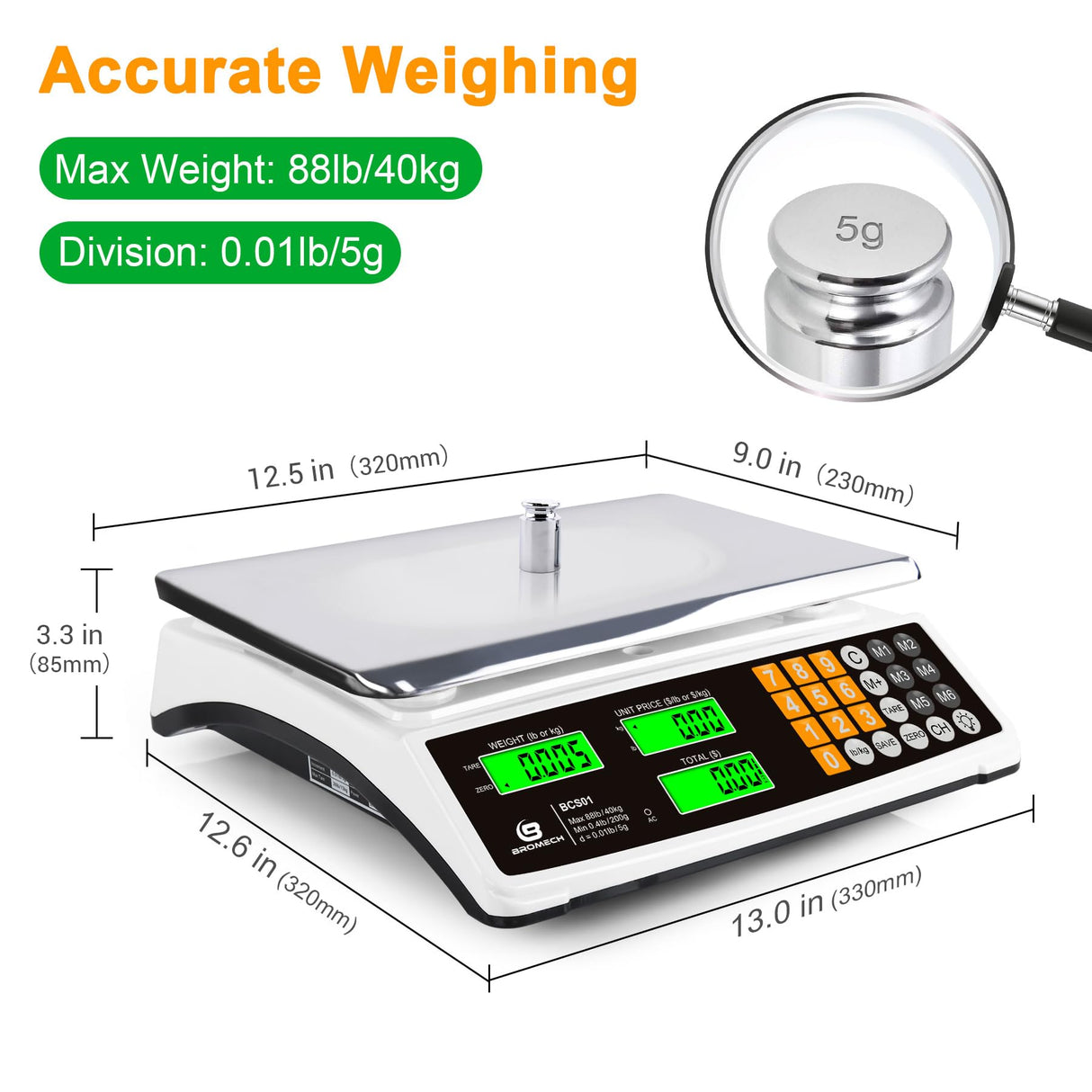 BROMECH Price Computing Scale 88lb/40kg Commercial Food Scale for Produce Meat Weighing, LCD Display and Green Bright Backlight for Farmers Markets, Meat Shop, Deli, （Not for Trade） BROMECH