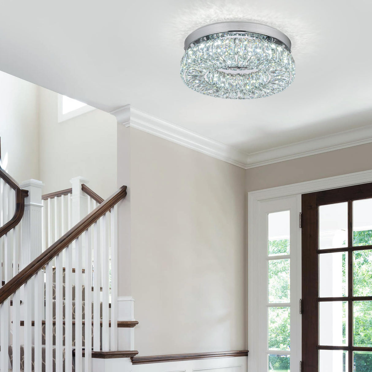 11.8” Crystal Ceiling Light Fixture Bedroom Chandelier Ceiling Light LED Flush Mount Chandelier for Dining Room Hallway (6500K Cool White) Without Remote Control Cainjiazh