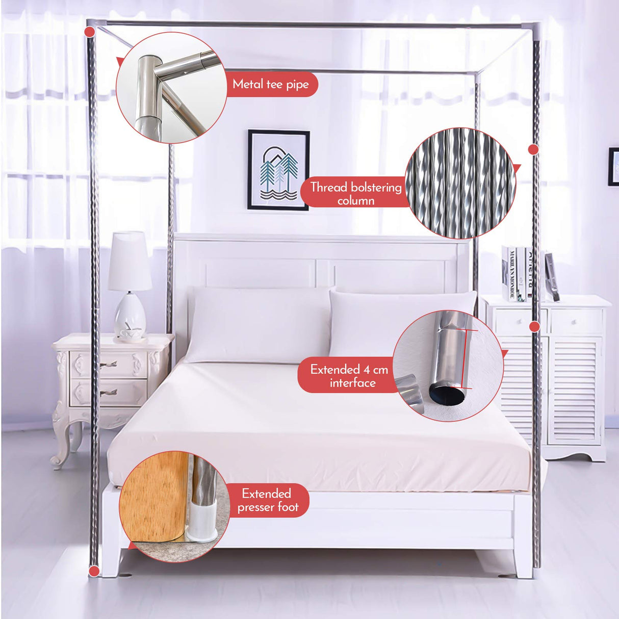 Foreate Canopy Bed Frame Stainless Steel King Size Bed Canopy Frame & Bed Poles, Fit for Four-Corner Bed and Mosquito Curtains, King (Silver) Foreate