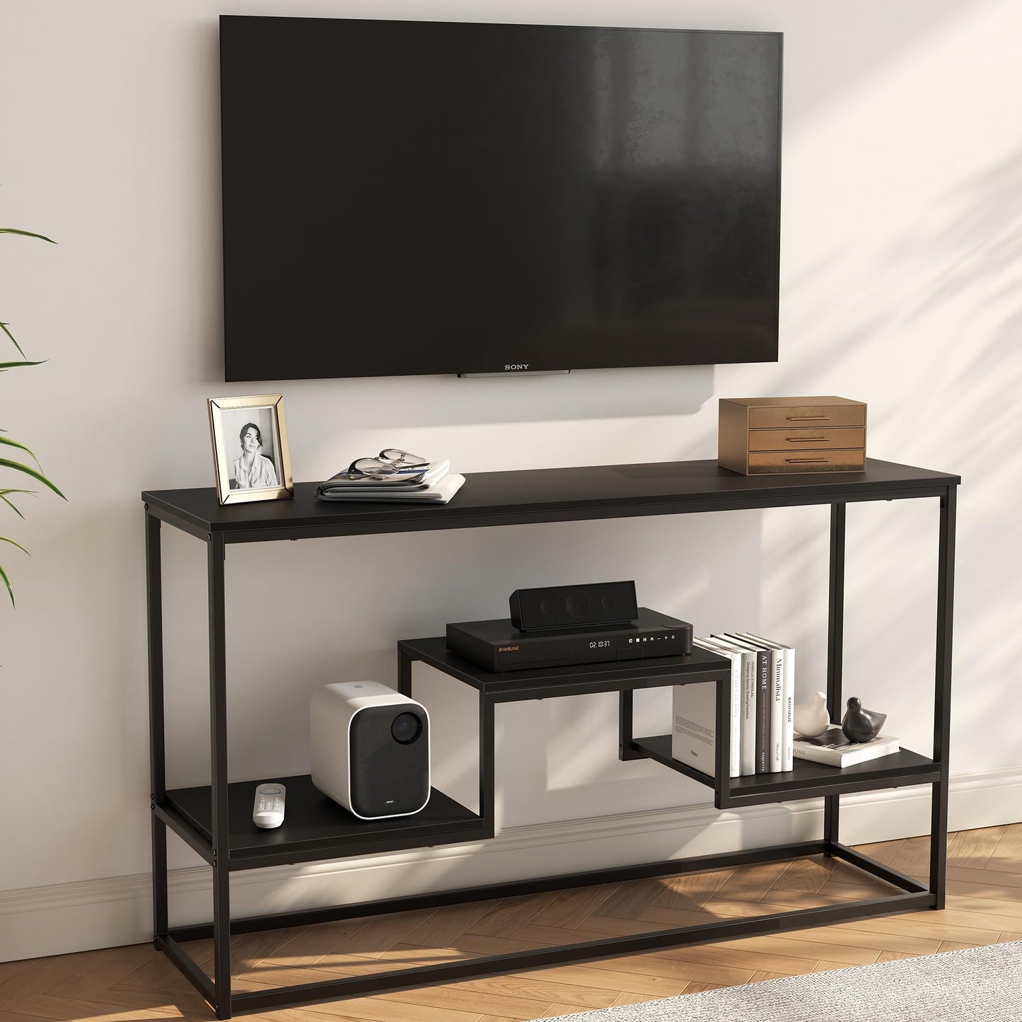 YOUDENOVA TV Stand for TVs up to 65 Inch, TV Console Table with 3-Tier Open Storage Shelves, Modern Industrial Entertainment Center for Living Room, Bedroom, Black