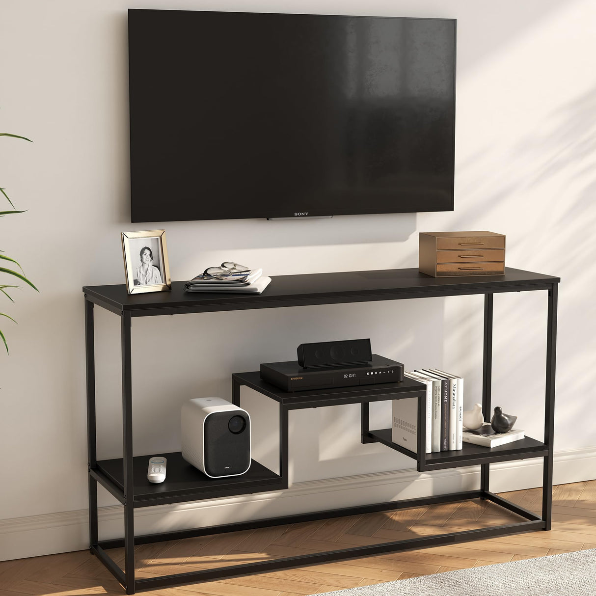 YOUDENOVA TV Stand for TVs up to 55 Inch, TV Console Table with 3-Tier Open Storage Shelves, Modern Industrial Entertainment Center for Living Room, Bedroom, Black YOUDENOVA