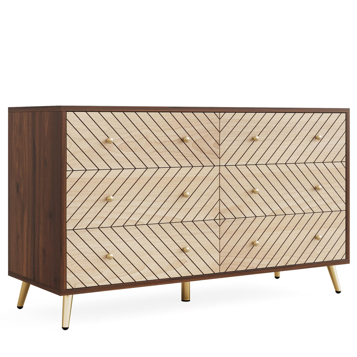 Tribesigns 47-Inch Dresser for Bedroom with 6 Drawers, Double Wide Chest of Drawers with Gold Legs, Wood and Metal Storage Dresser for Closet, 6-Drawer Dressers Cabinet (Dark Brown+Natural) Tribesigns