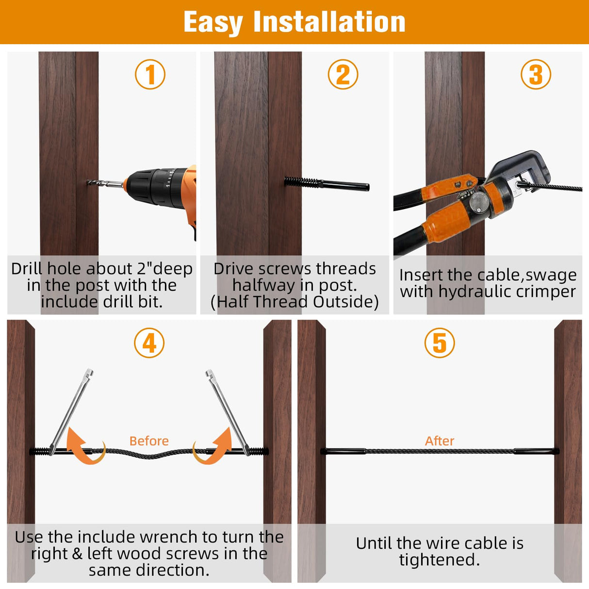 Swage Lag Screws for Cable Railing - 80 Pack Black T316 Stainless Steel Left and Right Handed Thread - 1/8" Cable Railing Hardware Kit for Deck Stair Wood Post Railing System CELYND