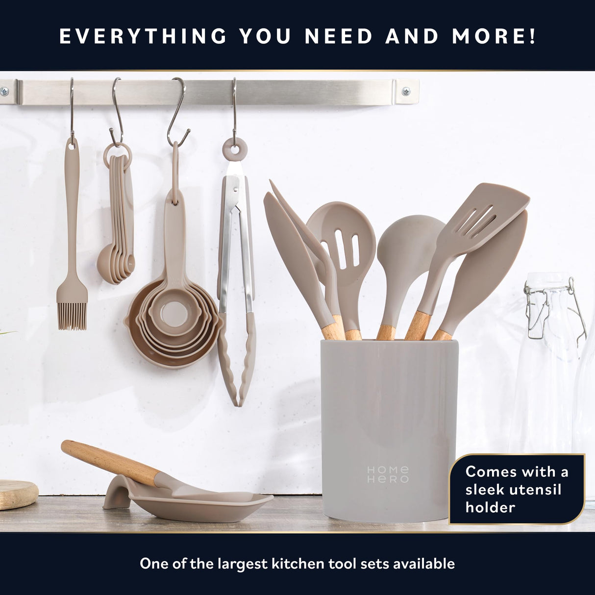 Home Hero 33 Pcs Kitchen Cooking Utensils Set, Non-Stick Silicone Cooking Kitchen Utensils Spatula Set with Holder, Wooden Handle Silicone Kitchen Gadgets Utensil Set (33 Pcs - Khaki) Home Hero