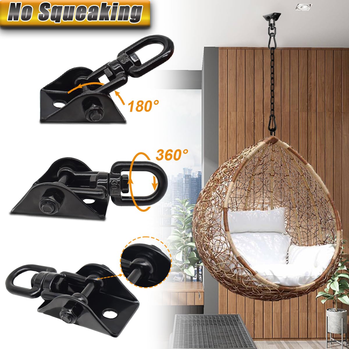 Hammock Hanging Kit, Hanging Chair Hardware 360° Swivel 1200 lb Capacity, Porch Swing Mounting Hardware, Hammock Chair Hanging Kit for Boxing Bag, Tree Gym (Black) Gelury