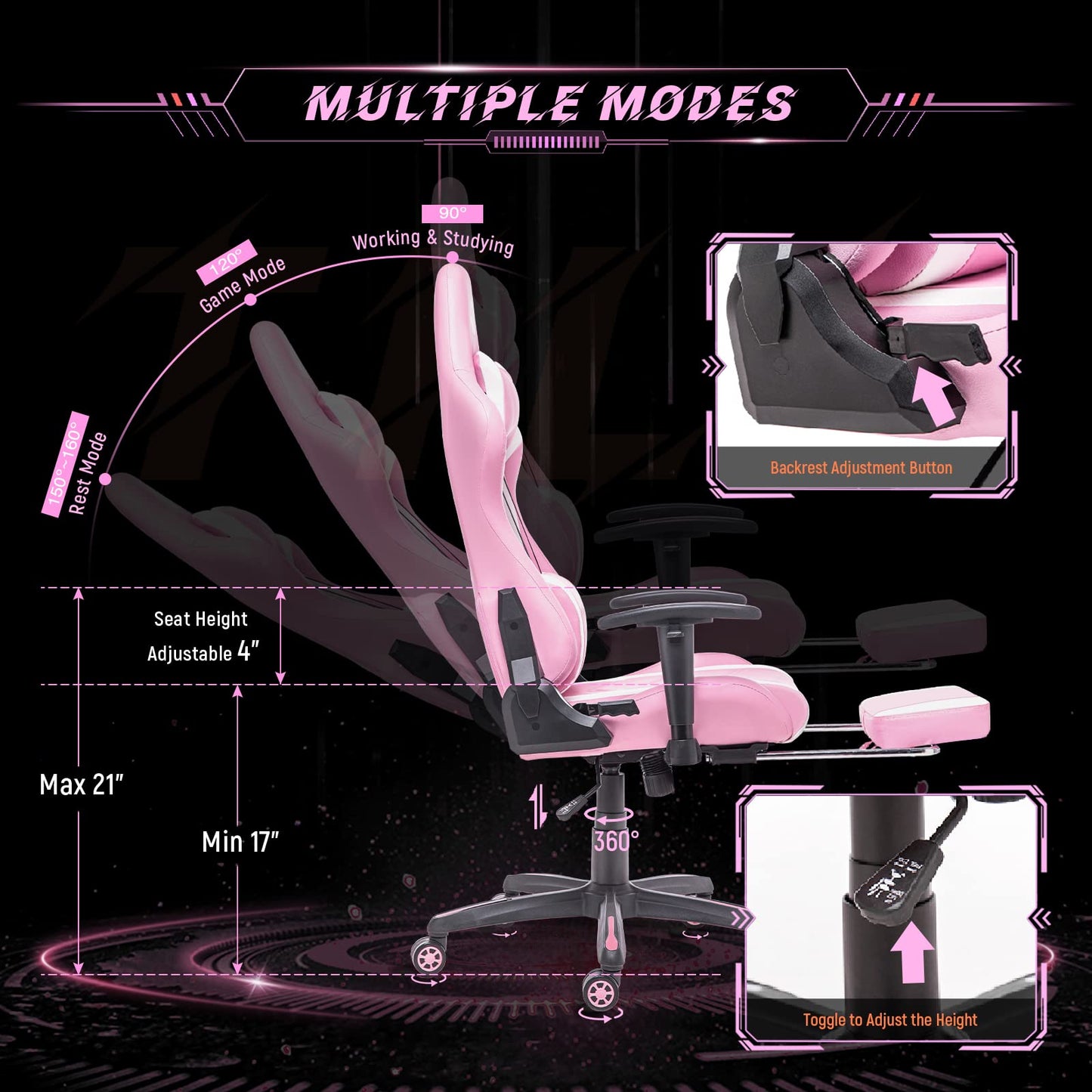 AA Products Gaming Chair Ergonomic High Back Computer Racing Chair Adjustable Office Chair with Footrest, Lumbar Support Swivel Chair - WhitePink