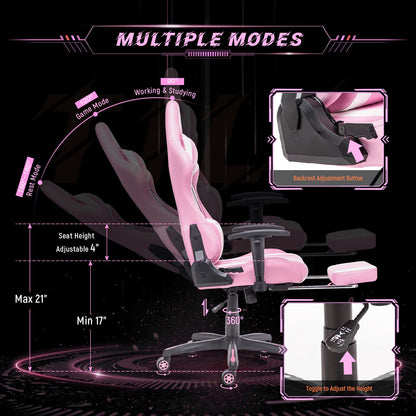 AA Products Gaming Chair Ergonomic High Back Computer Racing Chair Adjustable Office Chair with Footrest, Lumbar Support Swivel Chair - WhitePink