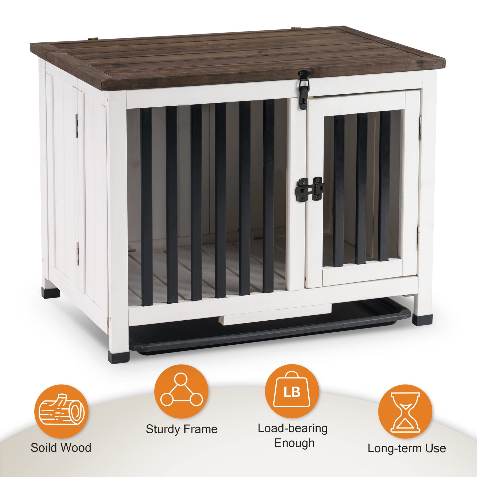 MCombo Wooden Dog Crate Furniture, Dog Kennel Pet House End Table, Solid Wood Portable Foldable Indoor Cage for Dogs, No Assembly Needed (Small, White and Brown) - WoodArtSupply