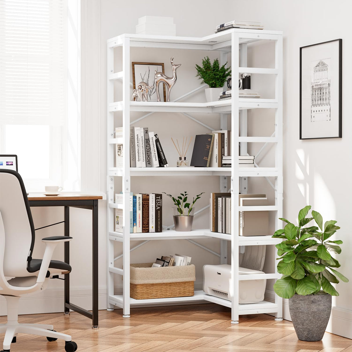 NUMENN 5 Tier Corner Bookshelf, Modern Corner Bookcase, Large Open Shelf Bookcase, Tall Bookshelves Storage Display Rack for Bedroom, Living Room and Home Office, White NUMENN