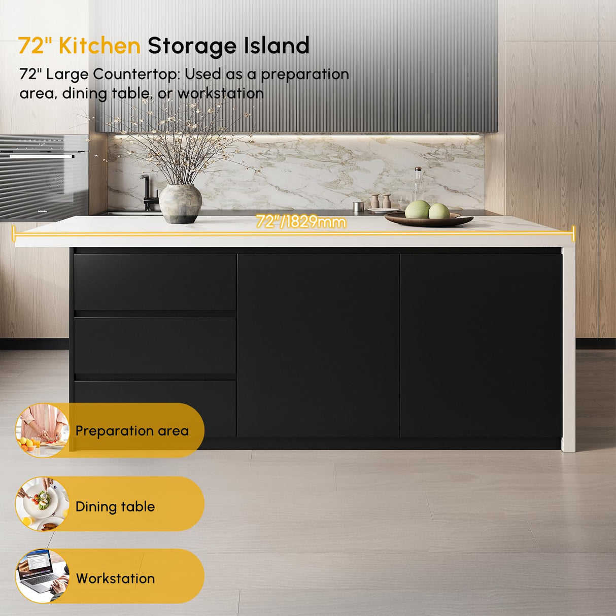 homary 72" Modern Kitchen Island with Storage & Seating White & Black Island Table for Kitchen with Drawers & Cabinet homary