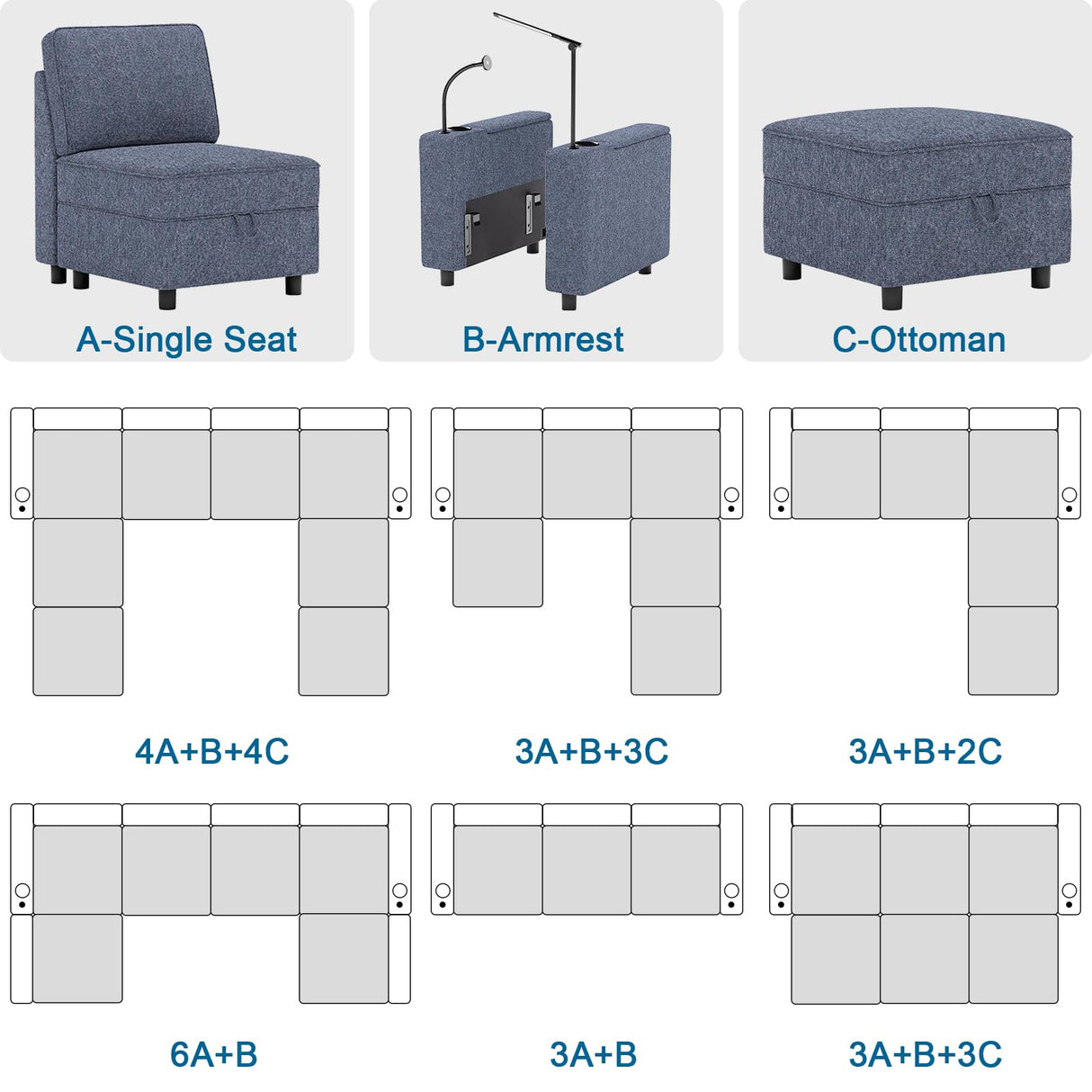 beyond SMART Modular Sectional Sofa,Multifunctional Couches for Living Room with Storage, Armrest with Power Grommet and Cup Holder, Wireless Charging Stand & LED Light Included beyond SMART