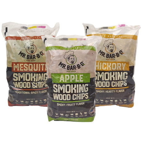 Wood Smoker Chips Bundle of 3 Flavors - Apple, Mesquite & Hickory Wood Chip for Smokers, Can be Use on Gas, Charcoal Grill, Smoke Wood Chips for Grilling, BBQ & Camping by Mr. Bar-B-Q(3 x 1.6 Lb Bags) Mr. Bar-B-Q