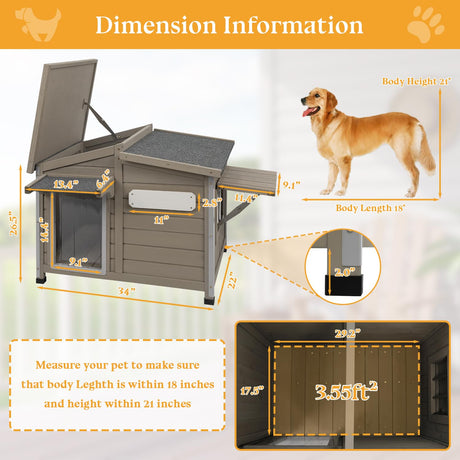 Gowoodhut Dog House Outdoor Weatherproof Large Wooden Dog Kennel Indoor with Chew-Proof Iron Frame, Removable Floor, and Adjustable Window for Large and Medium Dogs (Grey, 34" D x 22" W x 26.5" H) Gowoodhut