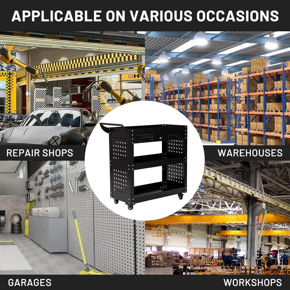 Yeeoy 3 Tier Rolling Tool Cart on Wheels, 330 LBS Capacity Heavy Duty Utility Tool Organizer with Storage Drawer Pegboard, Industrial Service Tool Cart for Mechanics, Garage, Warehouse, Repair Shop