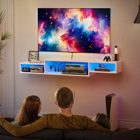 FABATO 59'' Floating TV Stand with LED Light Power Outlet, Floating Shelf for Under TV Wall Mount with Storage Shelf, Media Console Entertainment Center for Living Room, White FABATO