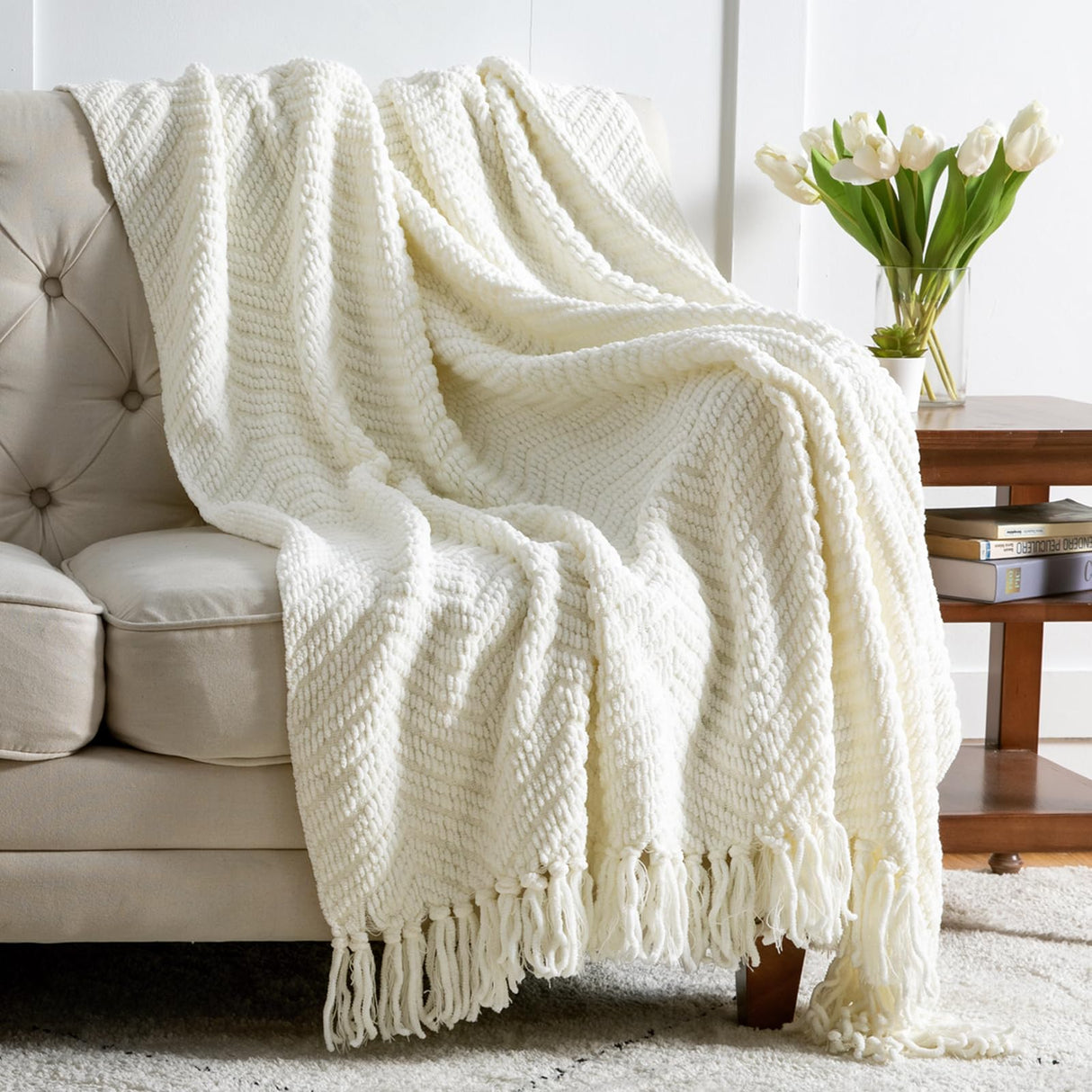 Bedsure Cream Throw Blankets for Couch - Textured Chunky Knit Woven Chenille Blanket - Super Soft, Warm Decorative Boho Throw with Tassels for Bed, Sofa and Living Room Decor, Ivory, 50x60 Inches Bedsure