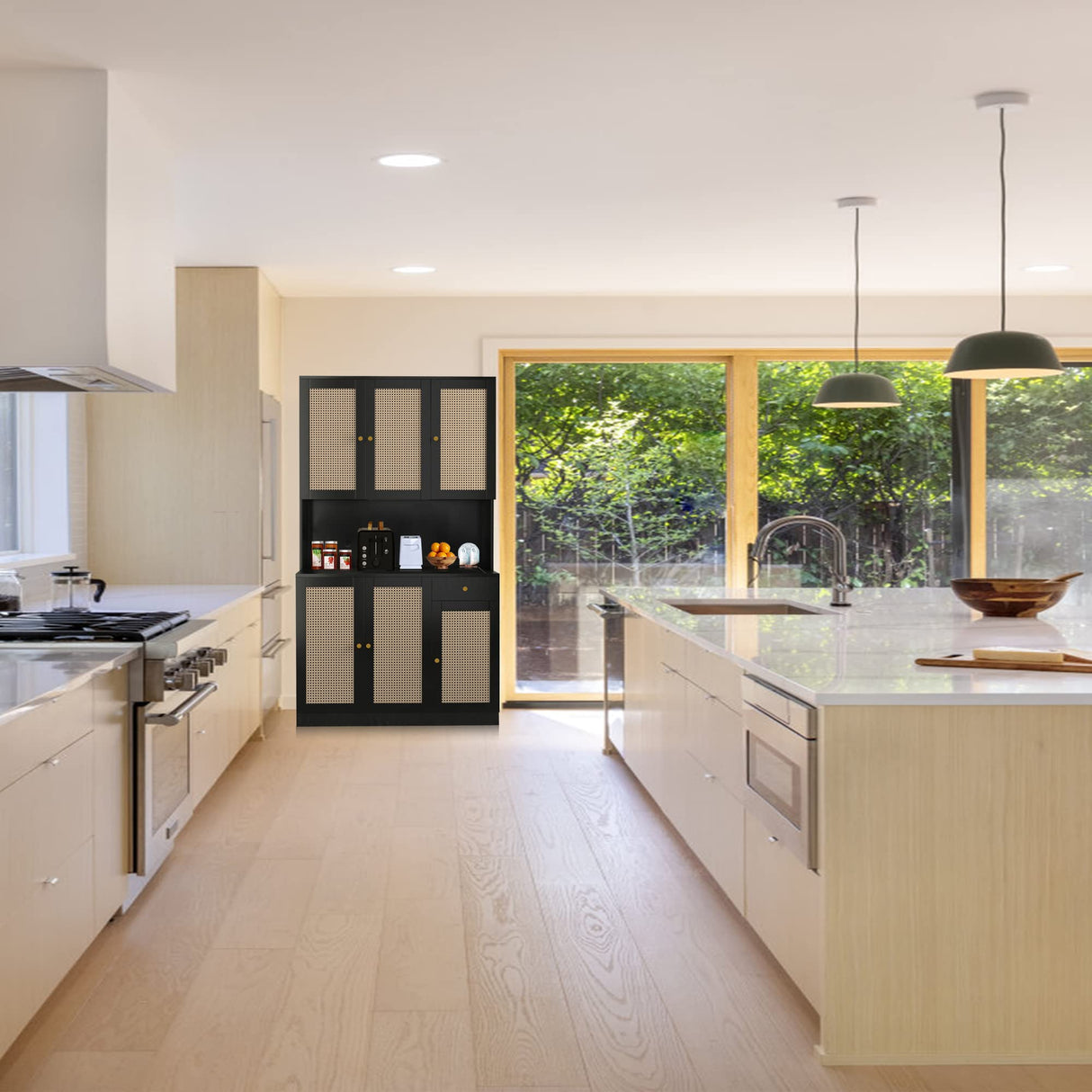 Modern Black Rattan Freestanding Kitchen Pantry Cabinet with 6 Doors & Drawer wirrytor