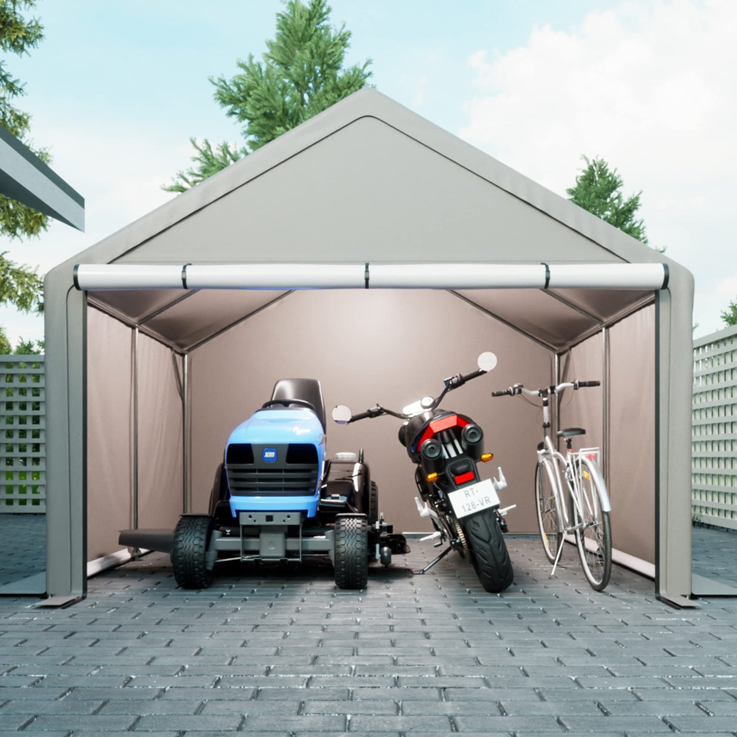 10x10 ft Portable Outdoor Storage Shelter Shed, Heavy Duty Storage Garage Shed with Roll-up Doors Shelter for Garden Tool, Lawn Mower, Motorcycleand, Bike - Gray - WoodArtSupply