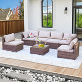 ZJEYEJZ 7 Pieces Patio Furniture Set - All-Weather Outdoor Wicker Sectional Conversation Sofa, Rattan Patio Seating Sofa Set with Cushion and Glass Table for Porch Poolside, Brown/Beige ZJEYEJZ