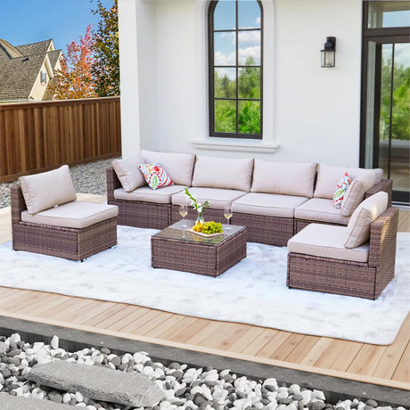 ZJEYEJZ 7 Pieces Patio Furniture Set - All-Weather Outdoor Wicker Sectional Conversation Sofa, Rattan Patio Seating Sofa Set with Cushion and Glass Table for Porch Poolside, Brown/Beige ZJEYEJZ