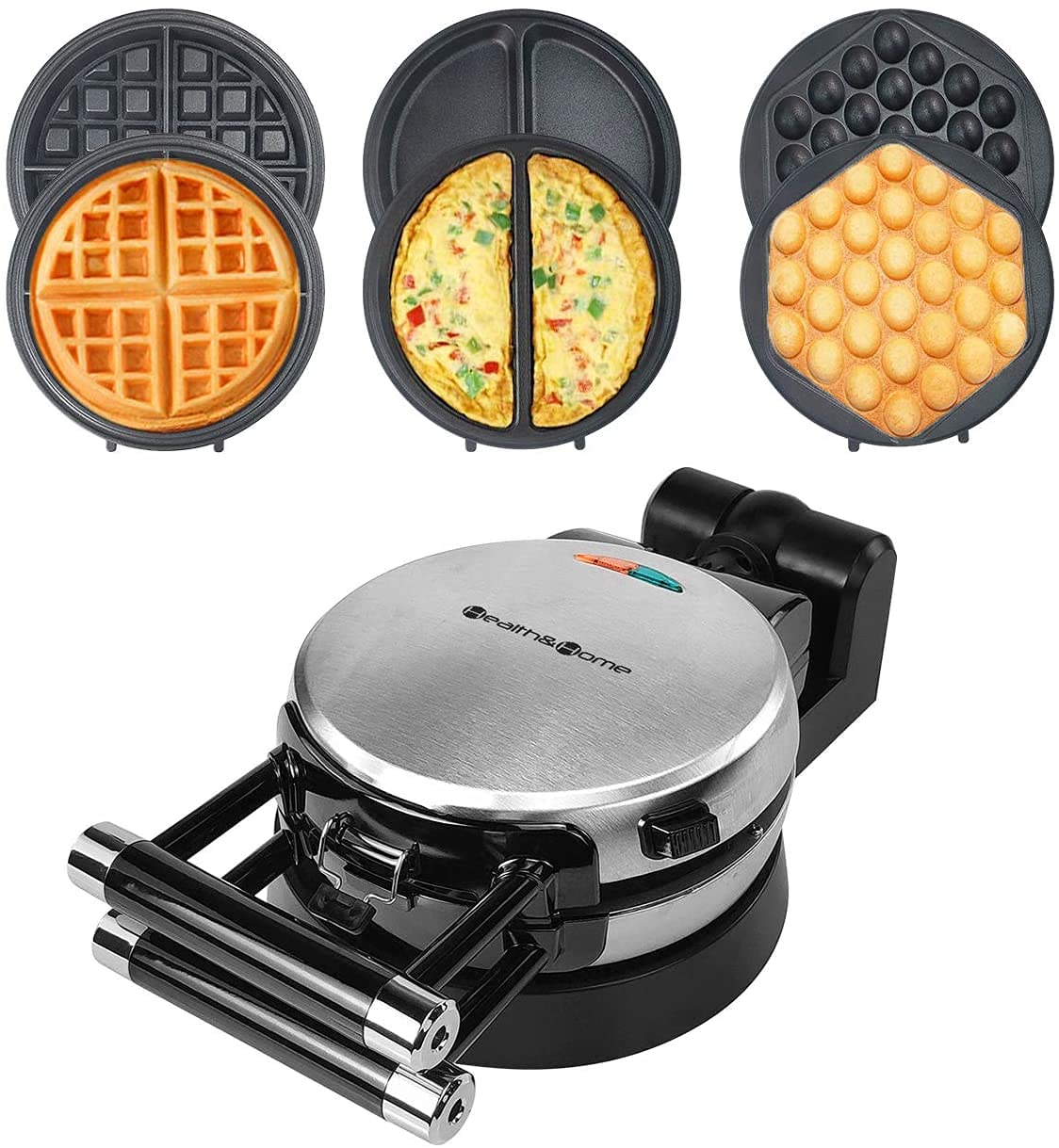 Health and Home 3-in-1 Waffle, Omelet, Egg Waffle Maker, 3 Removable Nonstick Baking Plates, Upgraded 360 Rotating Belgian Maker Health and Home