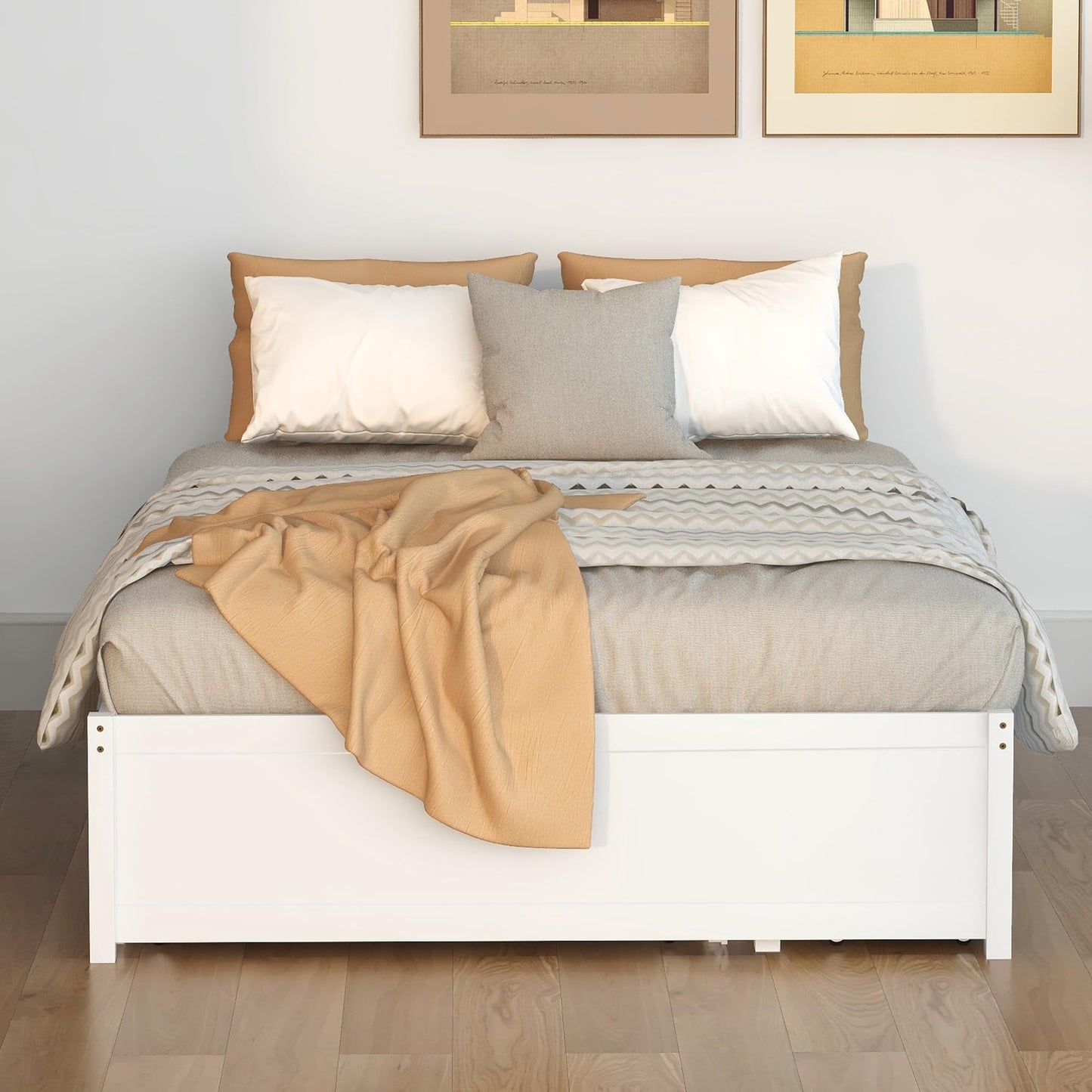 Bellemave White Full Size Bed Frame with Trundle and 2 Storage Drawers - WoodArtSupply