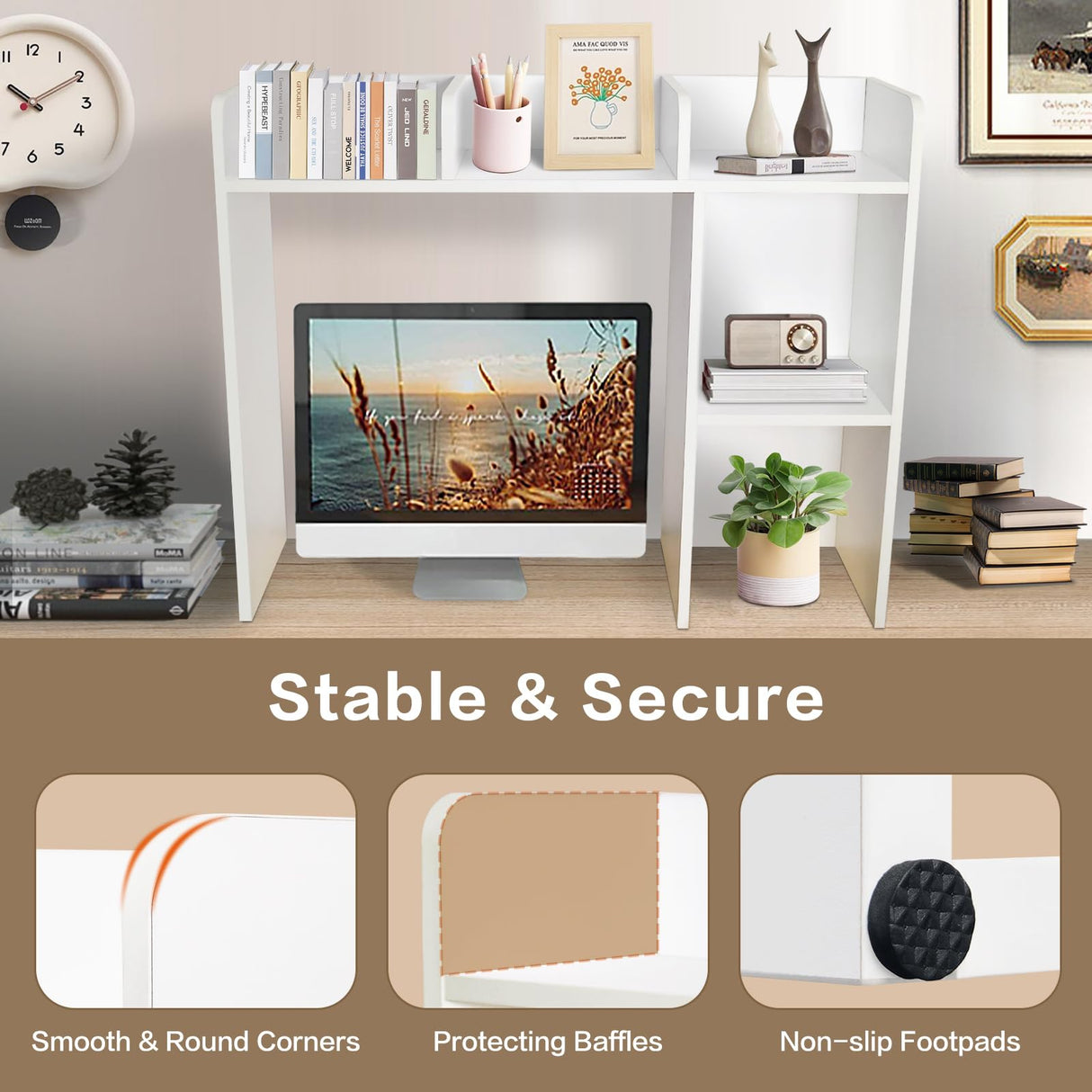 Sturdy White Wooden 3-Tier Desk Bookshelf with 5 Cubbies - YYDBIAP College Dorm Hutch YYDBIAP