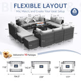 NICESOUL 15 Piece Outdoor Sectional with Fire Pit Table, Modern Luxury Patio Deep Seating w/Firepit, 29.3'' High-Back Wicker Couch Thick, Big High-Weight Capacity Sofa for Terrace, Yard, Light Gray NICESOUL