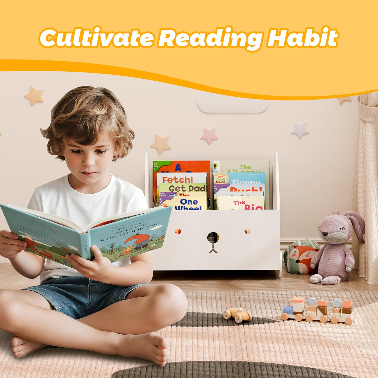 Jomzuci Wooden Kids Bookshelf, Toddler Montessori Bookshelf, Nursery Book Shelves with 4 Adjustable Dividers, Book Shelf for Kids Rooms, Nursery, Bedroom, Classroom and Playroom Storage Jomzuci