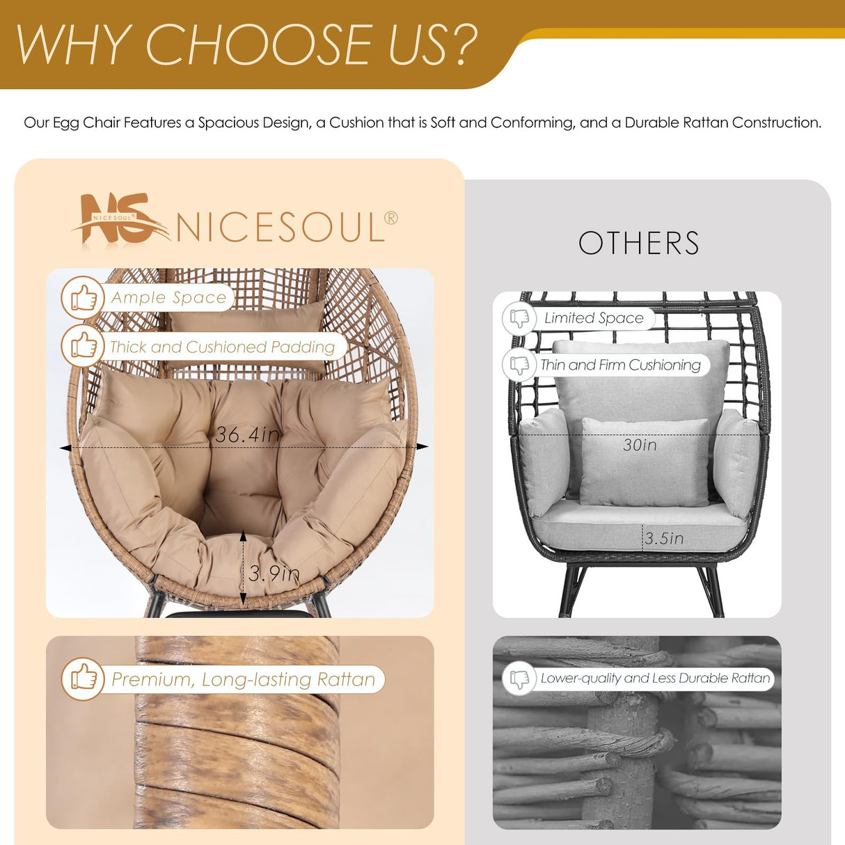 NICESOUL Indoor Outdoor Stationary Wicker Egg Chair w/Footrest, Extra Large Egg-Seat w/Cushion, 440lbs Egg-Shape Lounge Chair with Legs, Cozy Boho Rattan Chair for Patio, Balcony, Sunroom, Brown NICESOUL