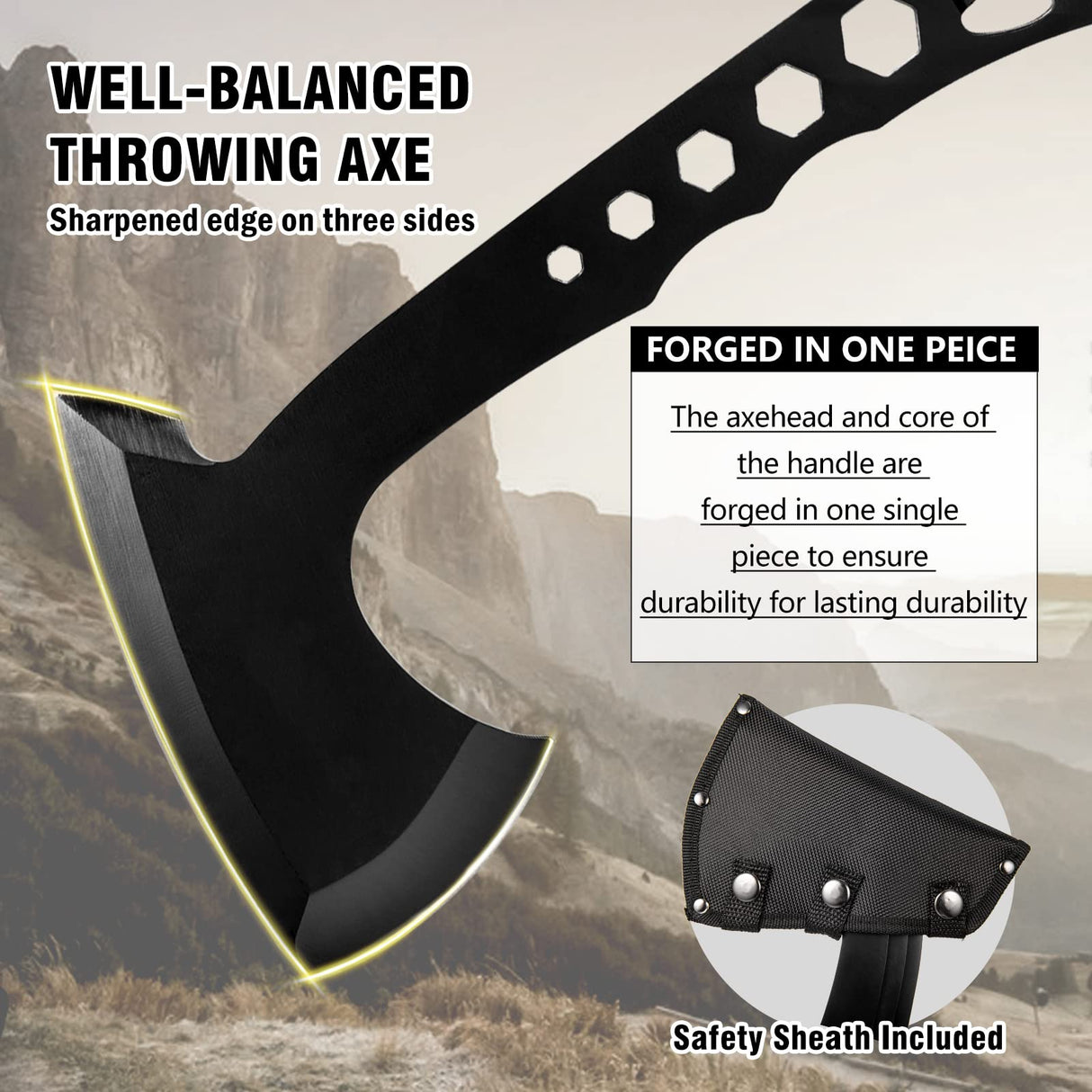 TIMINGILA Throwing Axes Tomahawks, 3 Pack One Piece Steel Throwing Axe, 10.6" Full Tang Hatchet Throwing with Nylon Sheath and Built-in Bottle Opener for Camping, Game, Competition and Recreation TIMINGILA