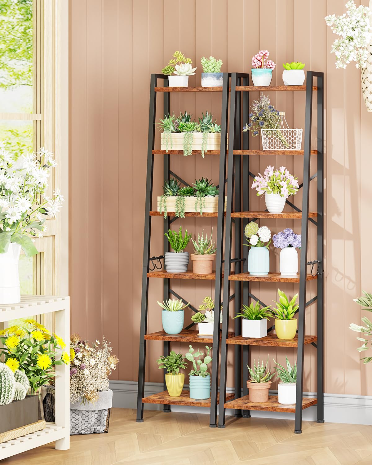 Furologee 6 Tier Ladder Shelf,Tall Bookshelf with 2 Hooks,Industrial Bookcase Standing Shelf Unts,Corner Storage Organizer for Living Room,Bedroom,Home Office,Bathroom,Rustic Brown Furologee