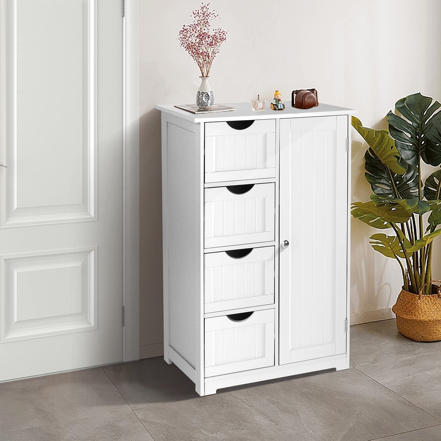 Bonnlo Compact White Wooden Bathroom Storage Cabinet with 4 Drawers and Cupboard - WoodArtSupply