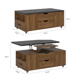 TRJQBCC 45" Lift Top Coffee Table, Modern Coffee Table with 2 Stools Set, Space Saving Center Table Folding Dining Table with 2 Drawers & Expandable Hidden Storage for Living Room, Office (Wood) TRJQBCC