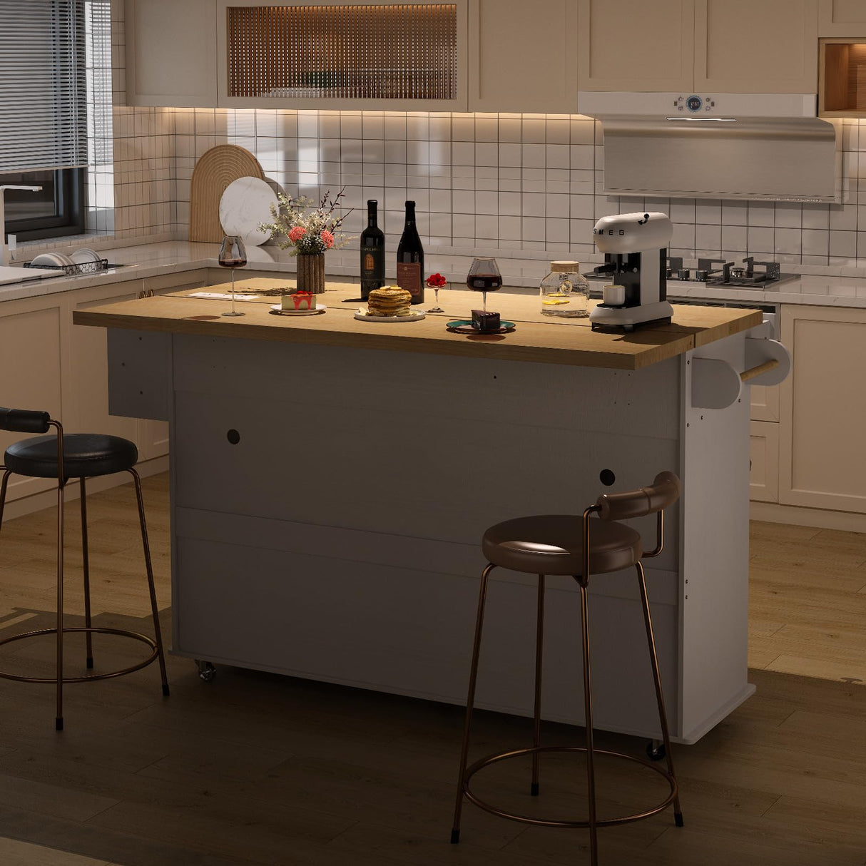 ONBRILL Mobile Kitchen Island with Drop Leaf, 60" Wide Home Carts with Spice Rack & Towel Rack, Drawers & Knife Holder, Rolling Kitchen Island Table with Power Outlet & Trash Can Storage Cabinet ONBRILL