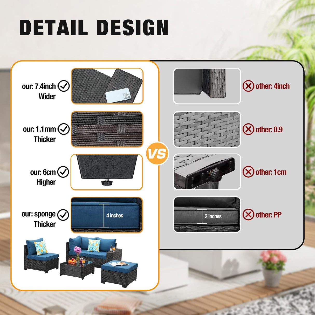 JOYURE 5 Pieces Patio Furniture Set All-Weather Outdoor Wicker Sectional Conversation Sofa Rattan Patio Seating Sofa with Cushion and Glass Table and Ottoman for Porch Poolside,Peacock Blue JOYURE