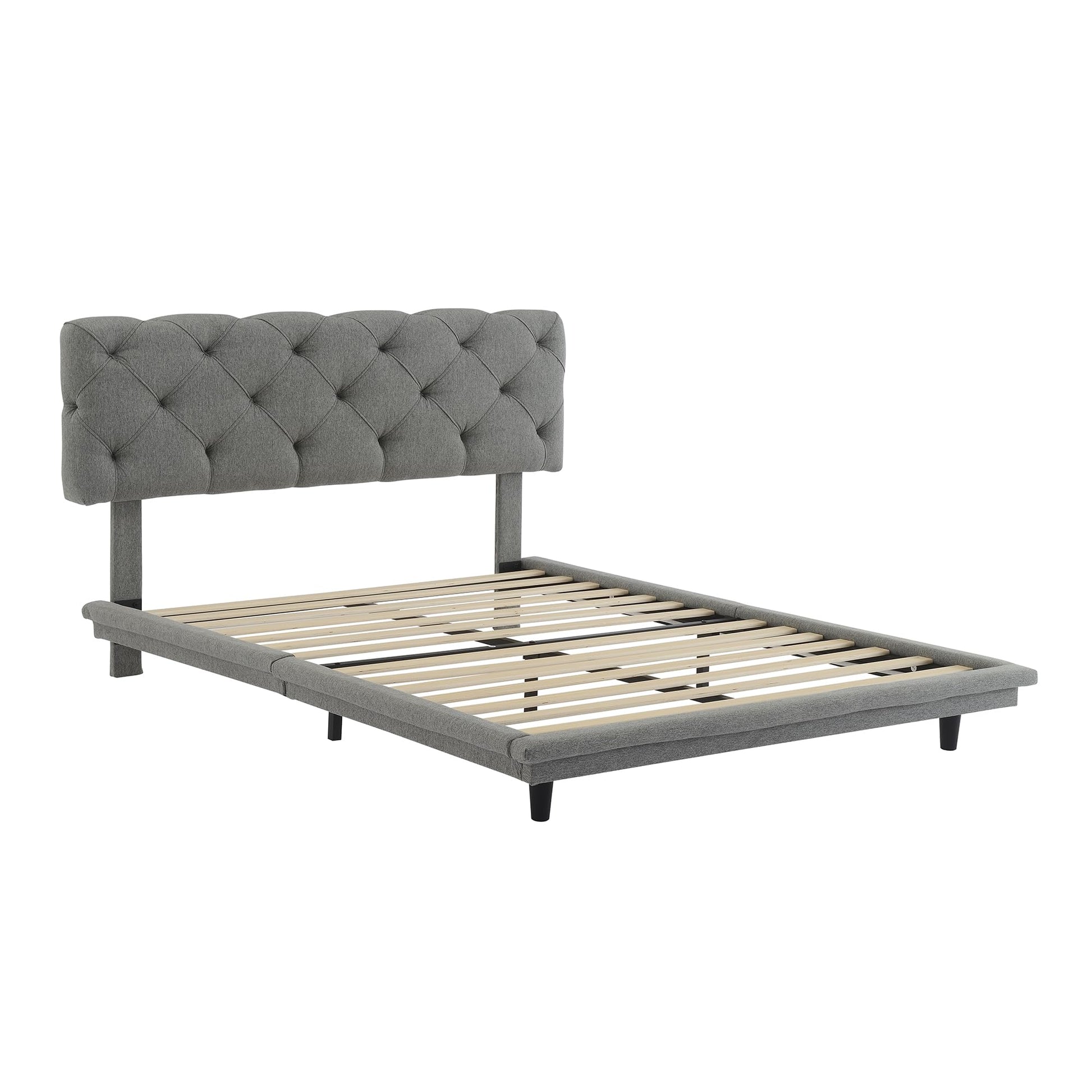 Bellemave Floating Platform Bed Frame in Grey with Button-Tufted Headboard and Illuminating Stripe - WoodArtSupply