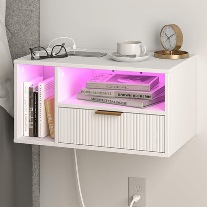 Veegle White Floating Nightstand with Charging Station and LED Lights,White - WoodArtSupply