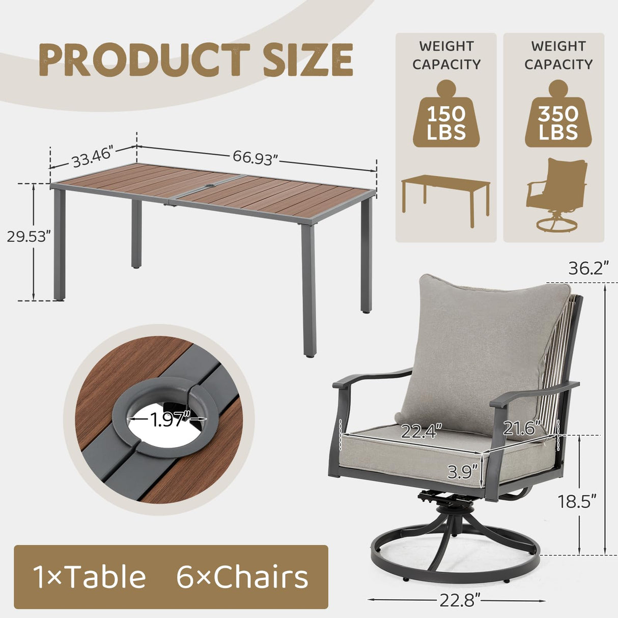 EROMMY 7-Piece Outdoor Dining Set, 6 Swivel Wicker Chairs with Thick Cushions & Wood-Like Dining Table with Umbrella Hole, Patio Furniture Set for Porch, Garden, Backyard, Poolside, Deck, Grey EROMMY