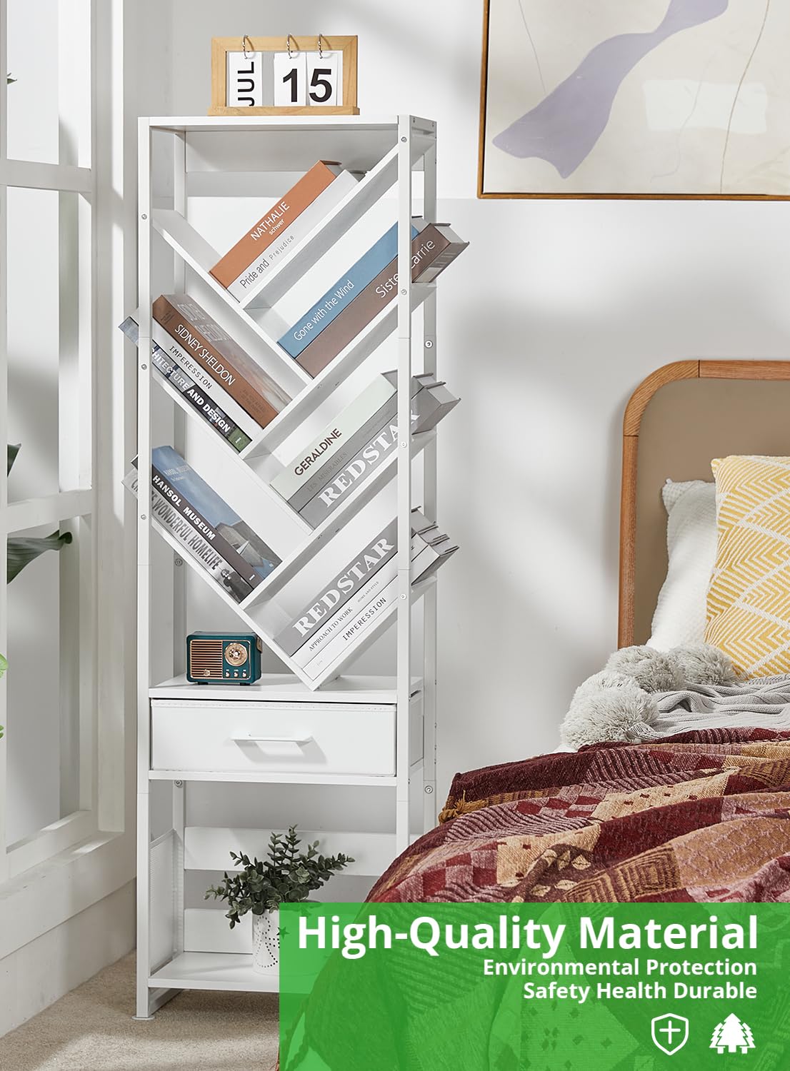 ZEXVIDA Bookshelf with Drawer,10 Tier Tree Bookcase Retro Floor Standing Bookshelves,Tall Wood Bookcases with Cabinet Storage Organizer for Living Room, Bedroom & Home Office, White ZEXVIDA