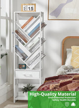 ZEXVIDA Bookshelf with Drawer,10 Tier Tree Bookcase Retro Floor Standing Bookshelves,Tall Wood Bookcases with Cabinet Storage Organizer for Living Room, Bedroom & Home Office, White ZEXVIDA
