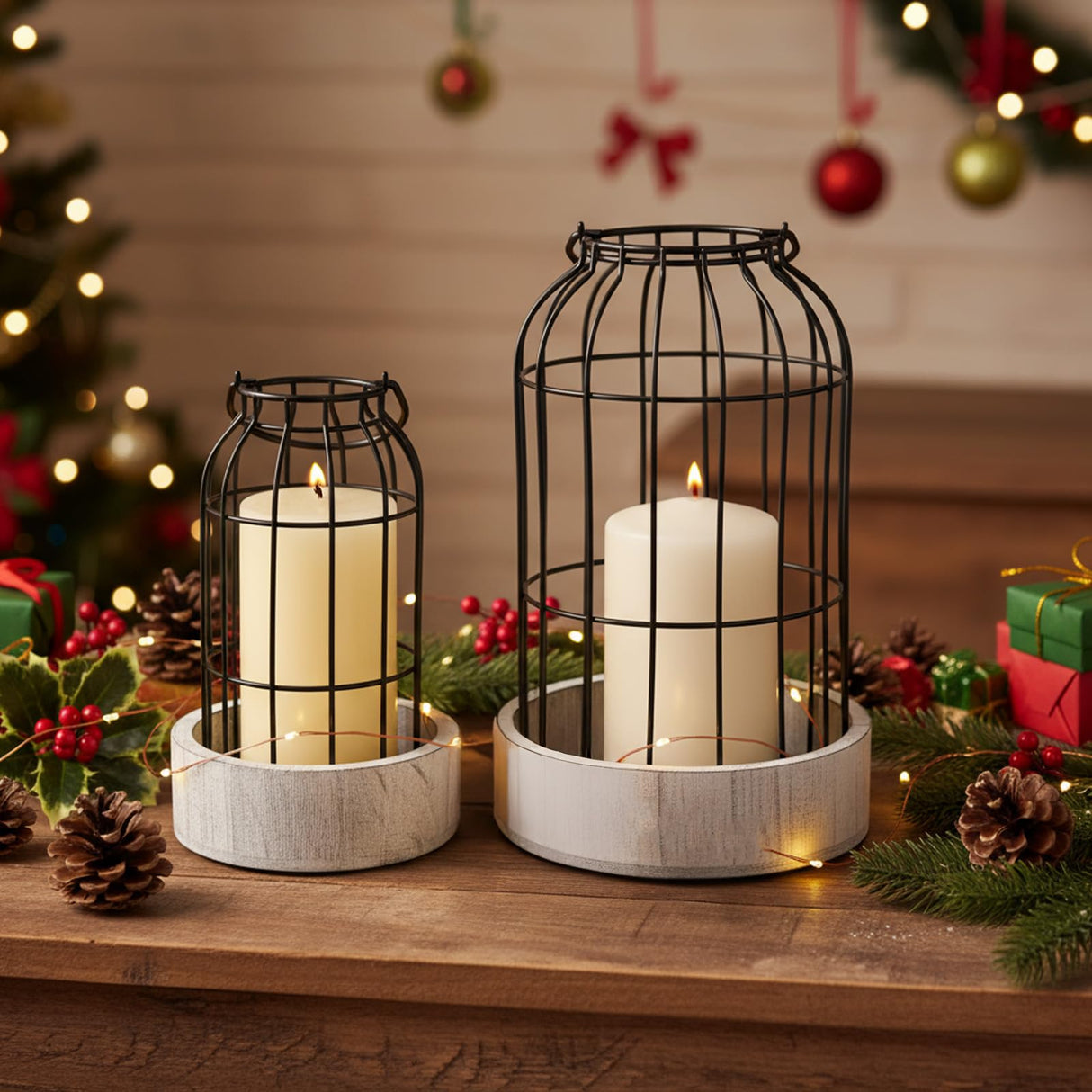 2 Pcs Decorative Candle Lantern, Farmhouse Table Lanterns for Home Decor, Rustic Table Centerpieces for Dining Room, Fireplace Mantle Kitchen Decoration Ubamdom