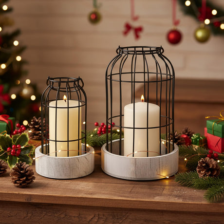 2 Pcs Decorative Candle Lantern, Farmhouse Table Lanterns for Home Decor, Rustic Table Centerpieces for Dining Room, Fireplace Mantle Kitchen Decoration Ubamdom