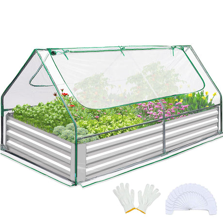 Quictent Raised Garden Bed with Cover Outdoor Galvanized Metal Planter Box Kit, w/ 2 Large Screen Windows Mini Greenhouse 20pcs T Tags 1 Pair of Gloves Included for Growing Vegetables 6x3x1ft (Clear) Quictent