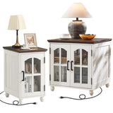 RWYHG Farmhouse End Table Set of 2 with Charging Station, 18'' Narrow Side Table and 24" Large Sofa Side Table with Glass Barn Door Storage, Wood Night Stand Bedside Table for Living Room,Bedroom RWYHG
