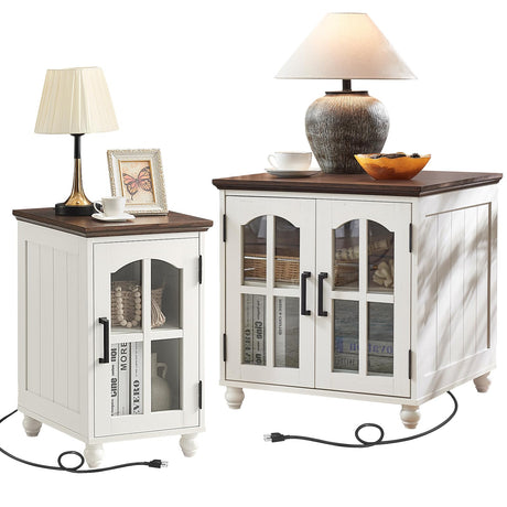 RWYHG Farmhouse End Table Set of 2 with Charging Station, 18'' Narrow Side Table and 24" Large Sofa Side Table with Glass Barn Door Storage, Wood Night Stand Bedside Table for Living Room,Bedroom RWYHG