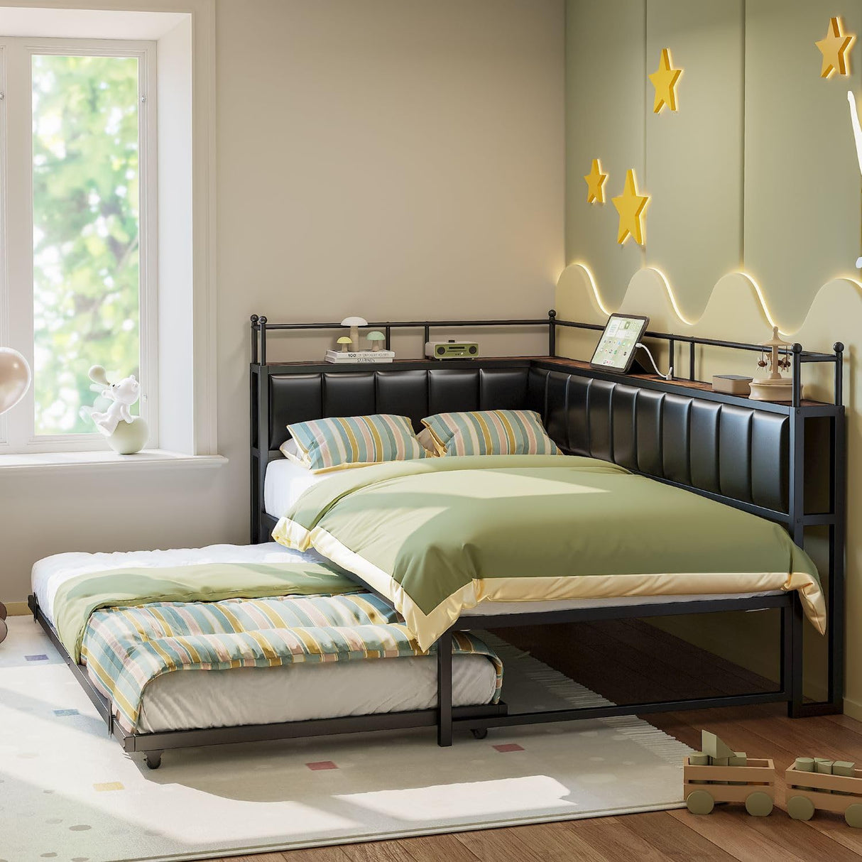 LIKIMIO Daybed with Trundle, Twin Corner Bed Fram with Bedside Storage,Sofa Day Bed for Living Room, Bedroom and Guest Room,Black LIKIMIO