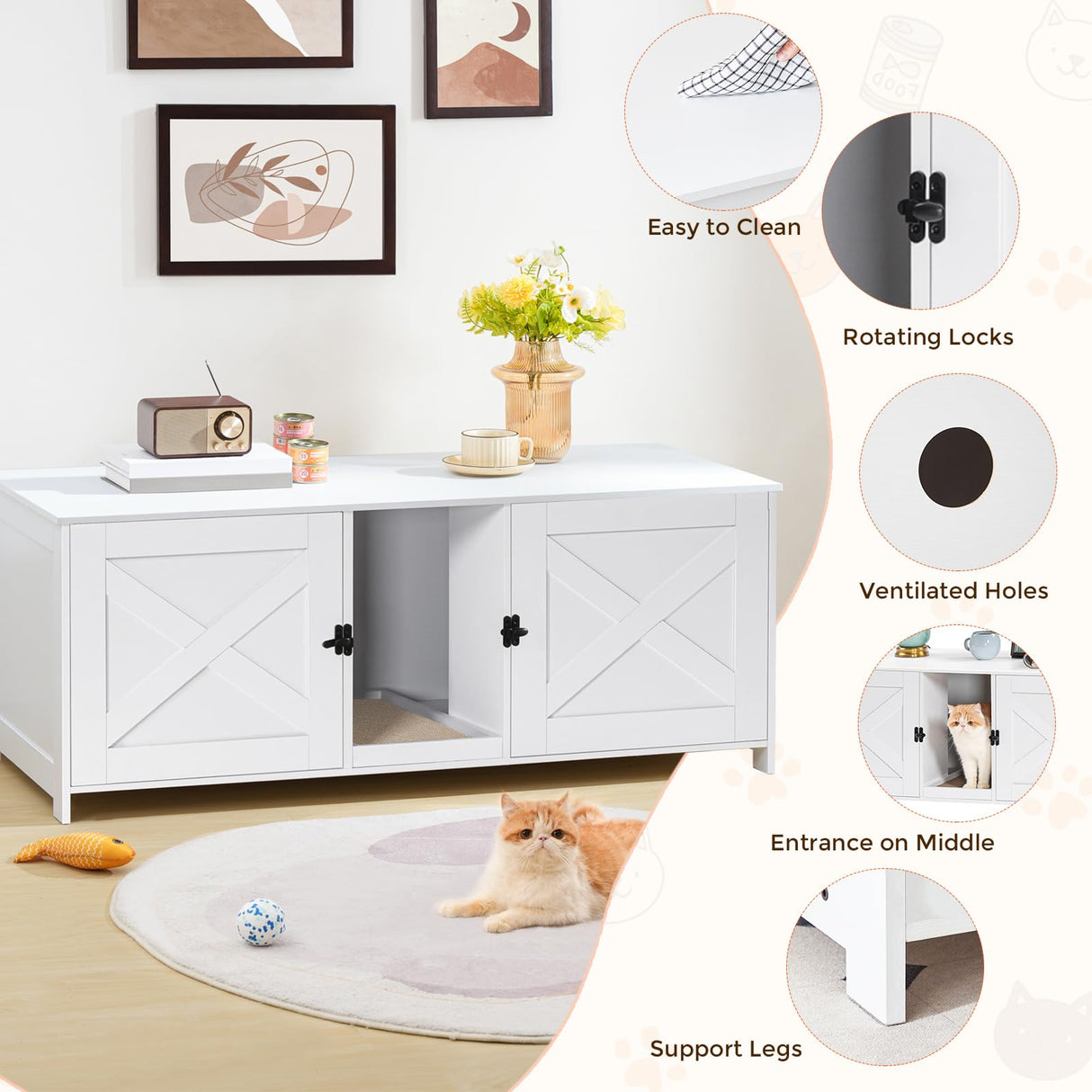 MAHANCRIS Cat Litter Box Enclosure for 2 Cats, 47.2" Hidden Cat Litter Box Furniture with Double Room, Wooden Cat Washroom with Scratching Board, Indoor Cat House End Table, White CWWT1201 MAHANCRIS